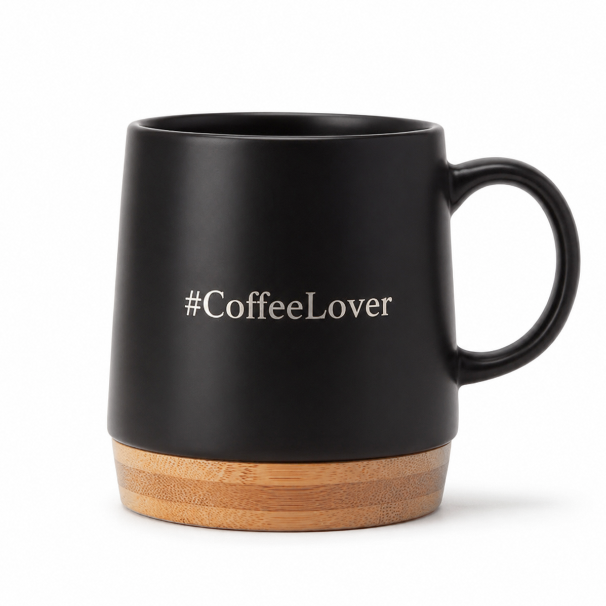 Taza #CoffeeLover con base de bambú